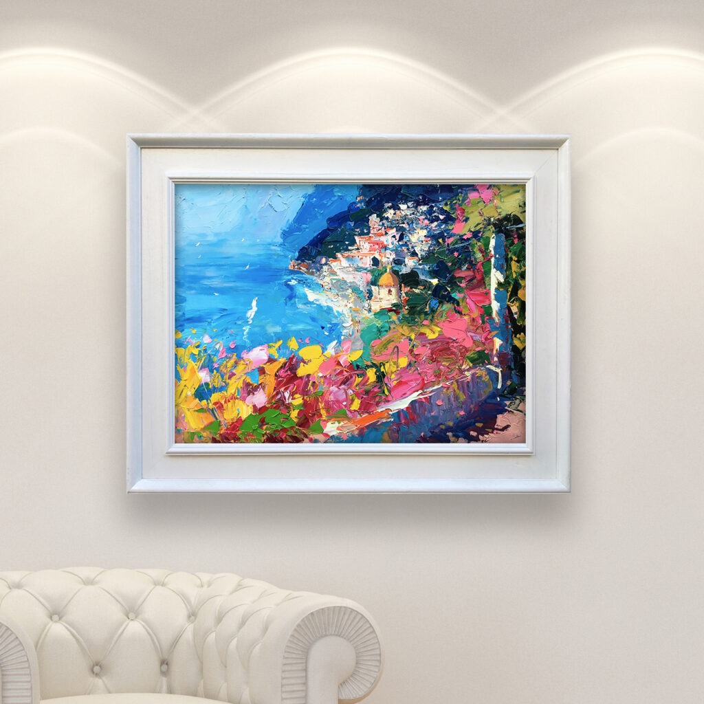 Positano oil painting on canvas with flowers and sea view with rich impasto texture hanging in a modern living room with a white sofa