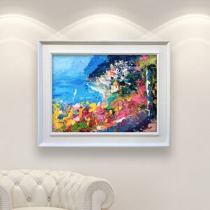 Positano oil painting on canvas with flowers and sea view with rich impasto texture hanging in a modern living room with a white sofa