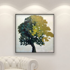 Tree oil painting on canvas hanging in a modern living room with a white sofa