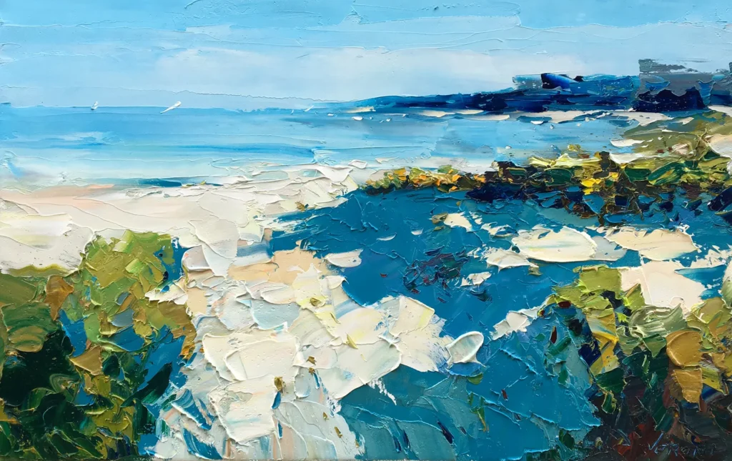 Original oil painting on canvas depicting a serene beach scene in a textured modern style, perfect for coastal and seascape wall art lovers.