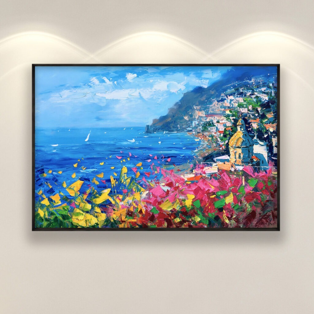 Colorful seascape with flowers and houses overlooking the Amalfi Coast